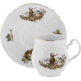 Чашка для чая 250 мл (6 шт) с блюдцем декор Охотничьи сюжеты