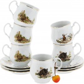 Чашка для чая 310 мл (6 шт) с блюдцем декор Охотничьи сюжеты