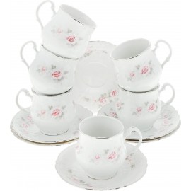Чашка для чая 310 мл с блюдцем декор Бледные розы отводка платина