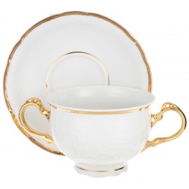 Чашка с блюдцем для бульона с двумя ручками 180 мм Белоснежный тюльпан золотые держатели