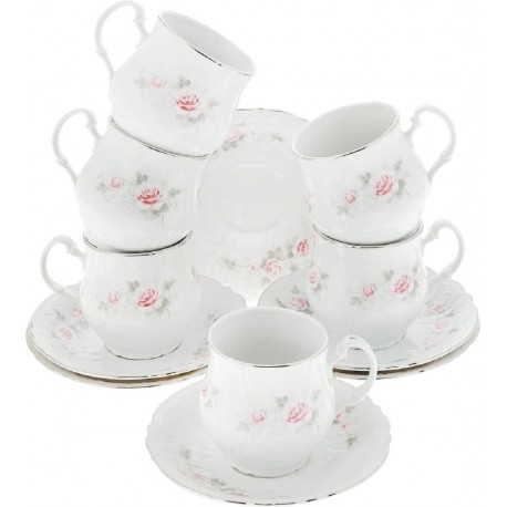 Чашка для чая 310 мл с блюдцем декор Бледные розы отводка платина